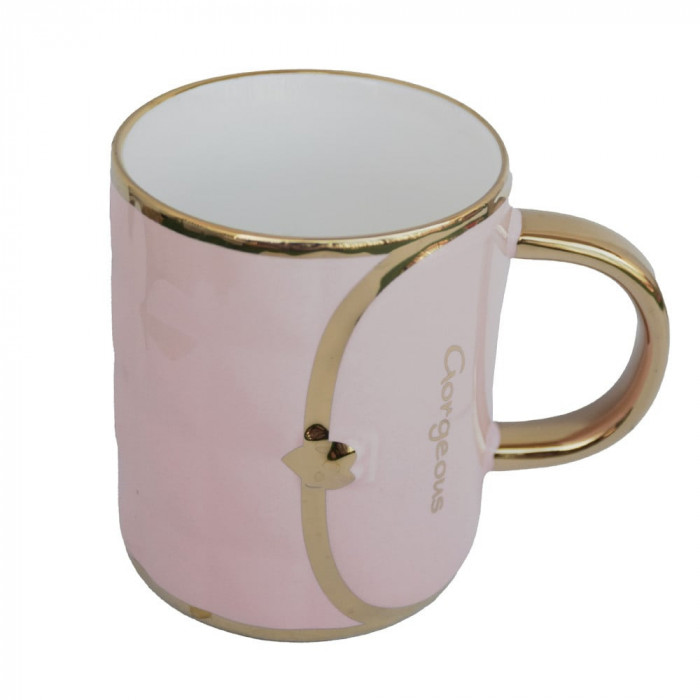 Cana din ceramica Pufo Fashion Time pentru cafea sau ceai, 350 ml, roz