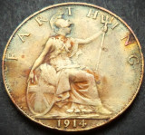 Cumpara ieftin Moneda istorica FARTHING - MAREA BRITANIE - anul 1914 *cod 4606 patina curcubeu, Europa