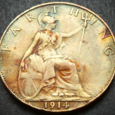 Moneda istorica FARTHING - MAREA BRITANIE - anul 1914 *cod 4606 patina curcubeu