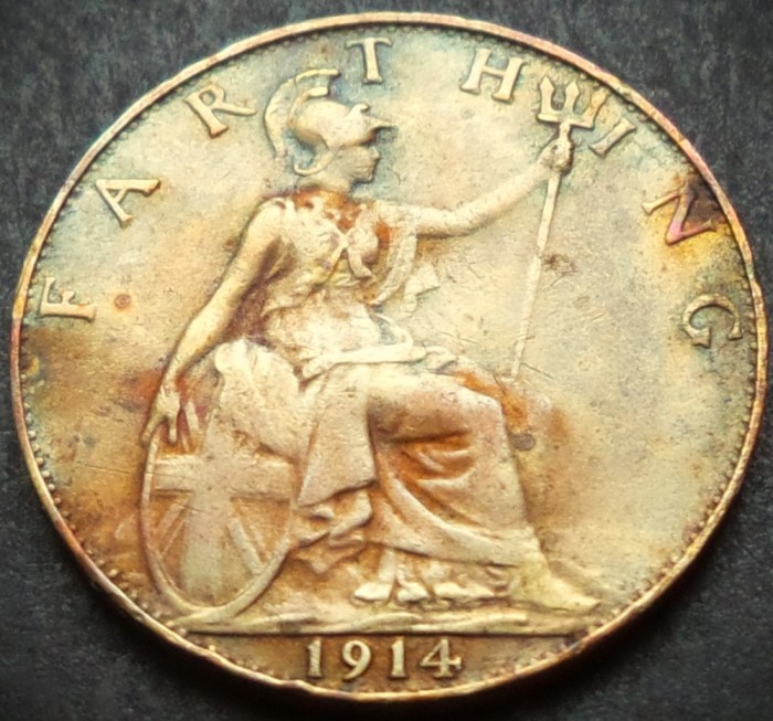 Moneda istorica FARTHING - MAREA BRITANIE - anul 1914 *cod 4606 patina curcubeu