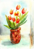 E101. Tablou original, Vas cu lalele, acuarela, neinramat, 21x29 cm, Natura statica, Realism, RavariuArt