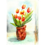 E101. Tablou original, Vas cu lalele, acuarela, neinramat, 21x29 cm