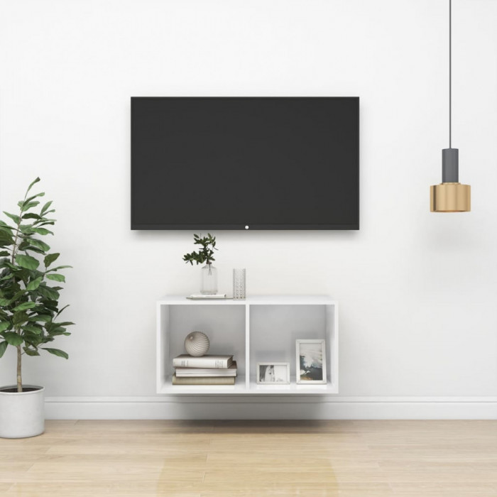 Dulap TV montat pe perete, alb extralucios, 37x37x72 cm, PAL GartenMobel Dekor