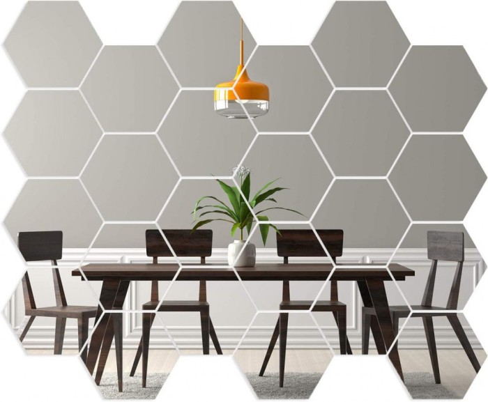 Set 24 Oglinzi Acrilice Autoadezive Luxer, Model Hexagon, Silver, 18.5x16x9.3 cm