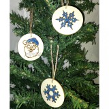 Set de 6 ornamente din lemn pirogravate, decoratiuni rustice de Craciun, albastru