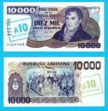 Argentina (p#322) 10 Australes 1985 aUNC+ 'Generalul Belgrano' serie: 64264948B; (ROG CITITI DETALIILE!); Supratipar pe 10.000 pesos argentinos