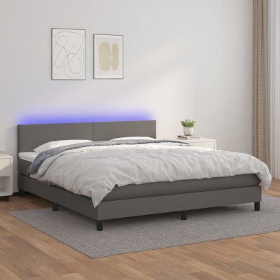 vidaXL Pat cu arcuri, saltea și LED, gri, 180x200 cm, piele ecologică 3134121 foto
