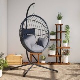 Scaun Suspendat Tip Ou vidaXL, Gri Deschis, Ratan &amp; Otel, Cu Suport, Balansoar, 150 kg