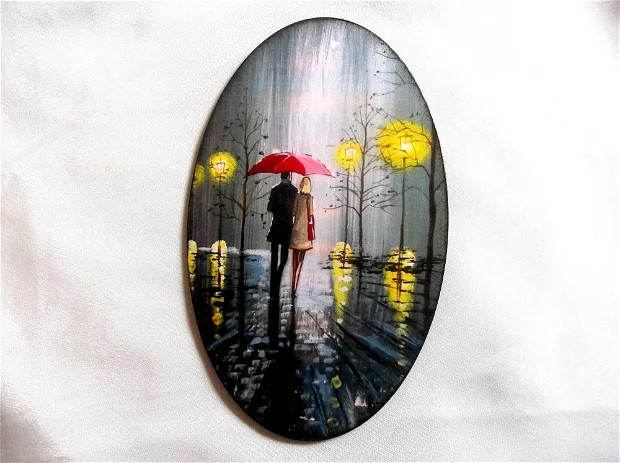 Tablou cu barbat si femeie sub umbrela intr-un cadu idilic nocturn, tablou lemn 41793