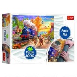 Puzzle cu cățeluși l&acirc;ngă tren, 1000 de piese, cu covoraș de depozitare, CMCLASS