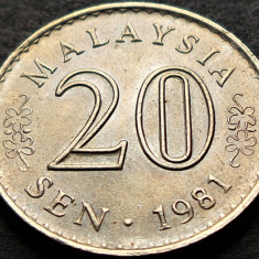 Moneda exotica 20 SEN- MALAEZIA, anul 1981 *cod 5212 = A.UNC