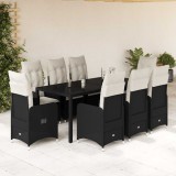 Set bistro de grădină, 9 piese, cu perne, negru, poliratan