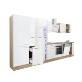 Mobilă de bucătărie Yorki 370, corp din stejar sonoma, față alb satinat cu element cuptor inferior, dulap cu rafturi și frigider cu congelator superio