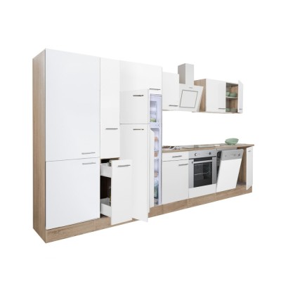 Mobilă de bucătărie Yorki 370, corp din stejar sonoma, față alb satinat cu element cuptor inferior, dulap cu rafturi și frigider cu congelator superio foto