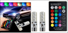 Set 2 Becuri Auto LED RGB T10 6 SMD W5W Cu Telecomanda Model P10 foto