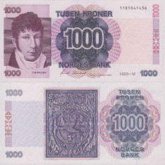 NORVEGIA █ bancnota █ 1000 Kroner █ 1989 █ P-45a █ UNC █ necirculata