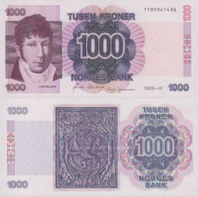 NORVEGIA █ bancnota █ 1000 Kroner █ 1989 █ P-45a █ UNC █ necirculata foto