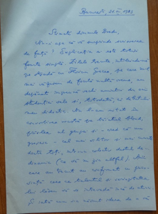 Scrisoare olografa a lui Stefan Cazimir, 1983