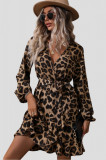 Rochie animal print cu cordon, maneca lunga, decolteu in V si talie ajustata, maro, XS