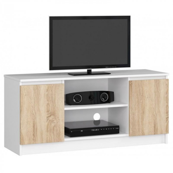 Comoda pentru TV, placa laminata, 6 rafturi, alb si stejar, 120x40x55 cm