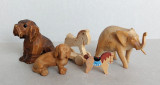 Lot 5 miniaturi animale, sculptate manual in lemn, elefant, caluti, catei