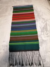 Tapiserie veche decor de perete realizat tesut manual covor de perete in dungi portocaliu verde albastru rosu maro cu franjuri negre