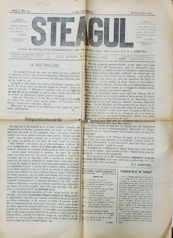 STEAGUL - FOAIA NATIONALISTILOR - DEMOCRATI DIN PRAHOVA , ANUL I , NR. 15 , 18 DECEMBRIE , 1911