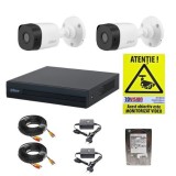 Kit supraveghere Dahua 2 camere 2MP lentila 3.6mm IR 20m IP67, DVR 4 canale WizSense 1080N/720p, accesorii montaj, HDD 500GB + CADOU Autocolant ROVISI
