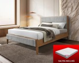 Set pat tapitat din lemn Siera cu saltea ortopedica de 140x200 inclusa, somiera fixa, culoare Gri