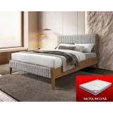 Set pat tapitat din lemn Siera cu saltea ortopedica de 140x200 inclusa, somiera fixa, culoare Gri
