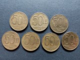 Lot monede 50 lei 1991,50 lei 1992(doua variante) 50 lei 1993,50 lei 1994,50 lei 1995,50 lei 1996 Romania.