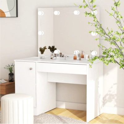 Masă de machiaj cu lumini LED, alb, 110x55x145 cm, MDF foto