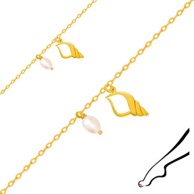 Brățară pentru gleznă din aur galben 14K - contur de cochilie cu decupaj, două perle ovale foto