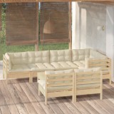 Cumpara ieftin Set mobilier de grădină cu perne crem, 8 piese, lemn masiv pin