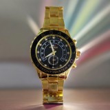 Ceas barbatesc elegant, bratara metalica aurie, display analog, mecanism quartz