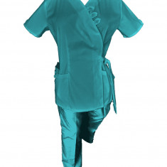 Costum Medical Pe Stil, Tip Kimono Turcoaz cu Elastan, Model Daria - 2XL, 2XL