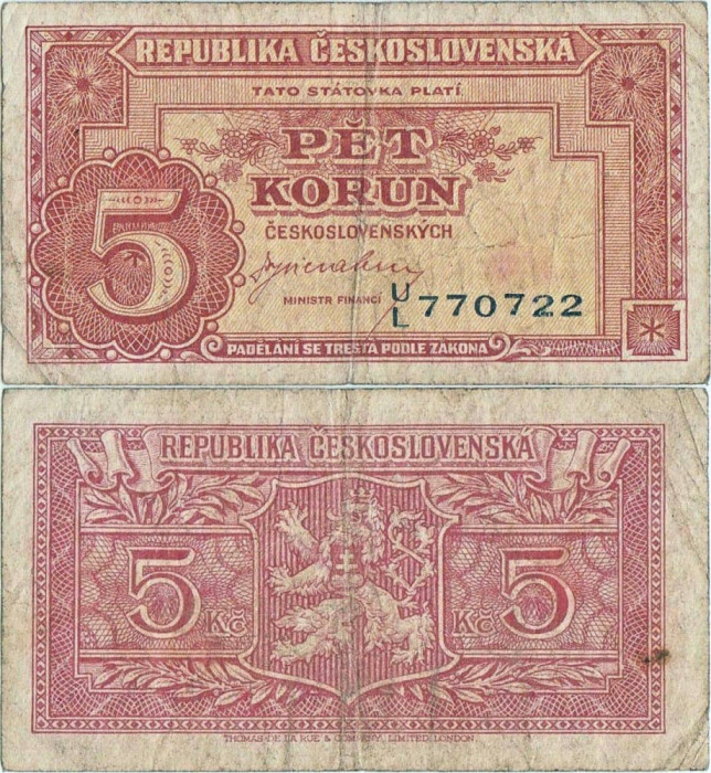 1945 , 5 korun ( P-59a ) - Cehoslovacia