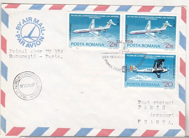 bnk fil Plic stampila ocazionala Primul zbor Tu 154 Bucuresti-Paris - Otopeni 1976