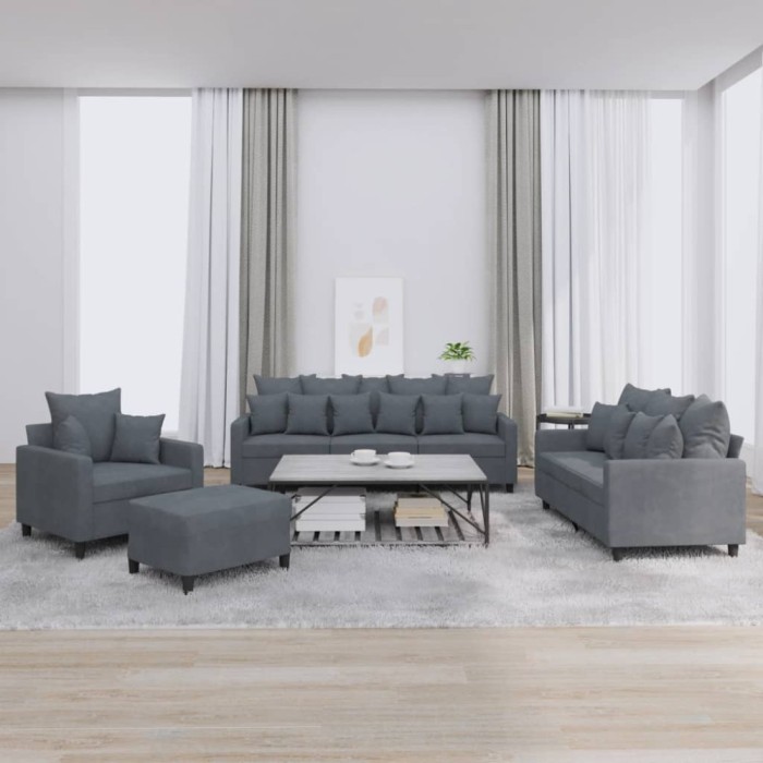 vidaXL Set de canapele cu perne, 4 piese, gri &icirc;nchis, catifea
