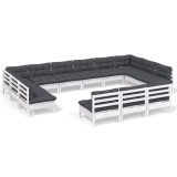 Set mobilier de gradina cu perne, 13 piese, alb, lemn masiv pin
