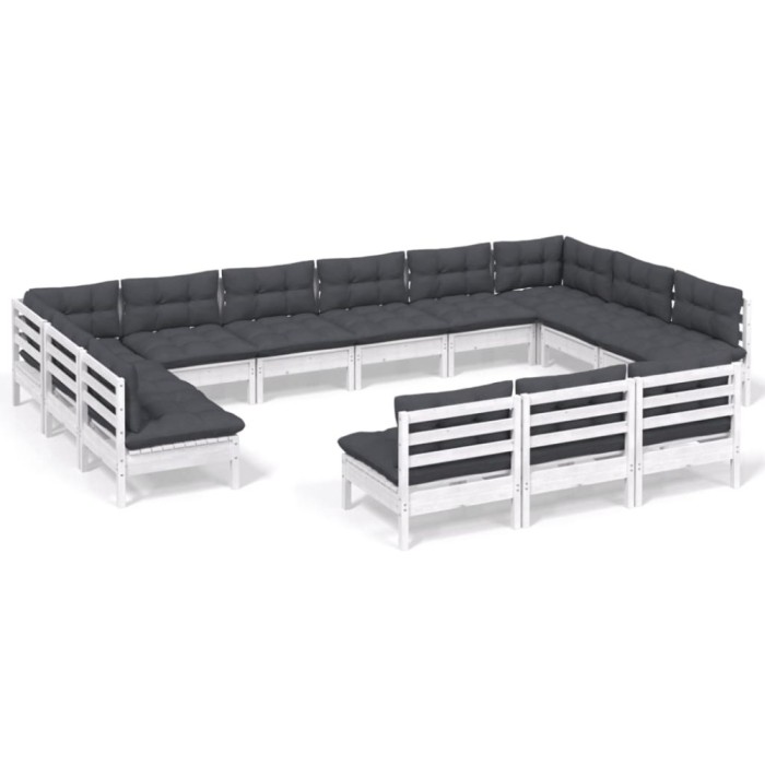 Set mobilier de gradina cu perne, 13 piese, alb, lemn masiv pin