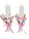 Set lumanari personalizabile, colorate, pentru nunta sau botez cu aranjament frontal cu trandafir criogenat si plante naturale uscate, 40 cm (Alb Roz), Eventissimi&reg;