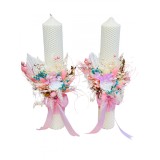 Set lumanari personalizabile, colorate, pentru nunta sau botez cu aranjament frontal cu trandafir criogenat si plante naturale uscate, 40 cm (Alb Roz)