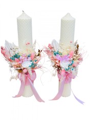 Set lumanari personalizabile, colorate, pentru nunta sau botez cu aranjament frontal cu trandafir criogenat si plante naturale uscate, 40 cm (Alb Roz)