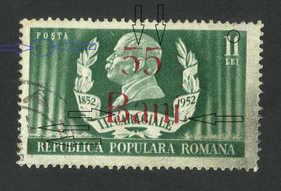 Eroare supratipar 1952 -- cerneala rosie pe suprafata timbrului- codite la 55 foto