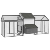 PawHut Coteț din Lemn pentru Găini Ouașe de Exterior cu 2 Recinții Laterale, Cuibar, Acoperiș Impermeabil, Tavă Glisantă, Zonă de Odihnă, Uși și Rampă