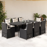 Set mobilier de gradina cu perne, 9 piese, negru, poliratan