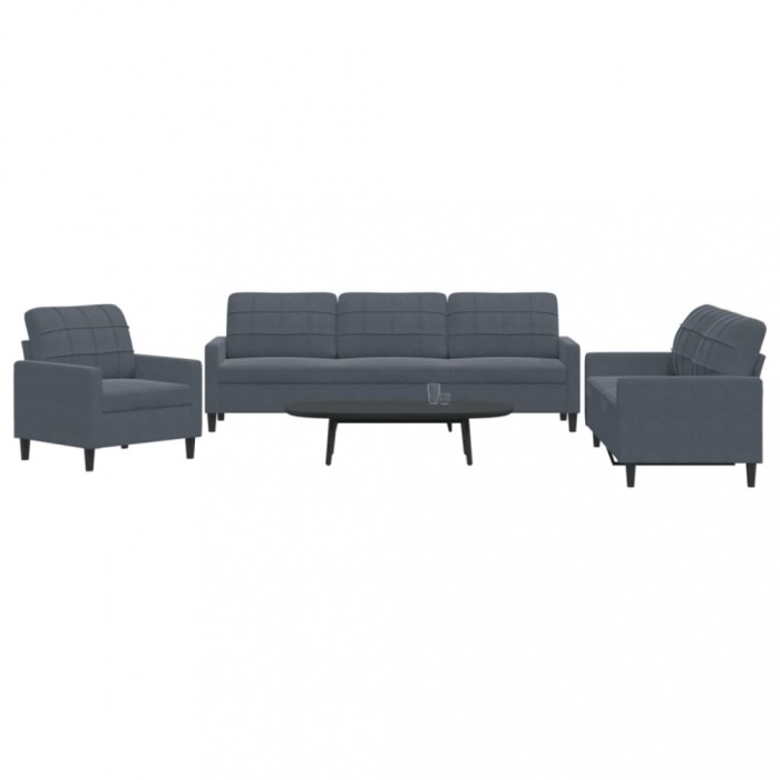 vidaXL Set de canapele cu perne, 3 piese, gri &icirc;nchis, catifea 3278432