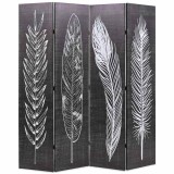 Paravan camera pliabil, negru&amp;alb, 160 x 170 cm, imprimeu pene