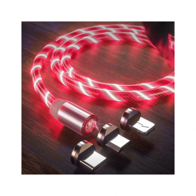 Cablu de Incarcare Magnetic USB la Type-C, Micro-USB, Lightning 1m - Techsuit LED Flowing - Red foto